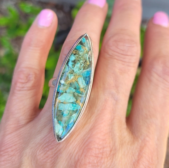 🩵Copper Turquoise Gemstone Sterling Silver Stamped Ring - Picture 1 of 4